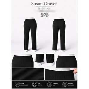Susan Graver Essentials 2X Plus Black Liquid Knit Straight‎ Leg Pants A228083